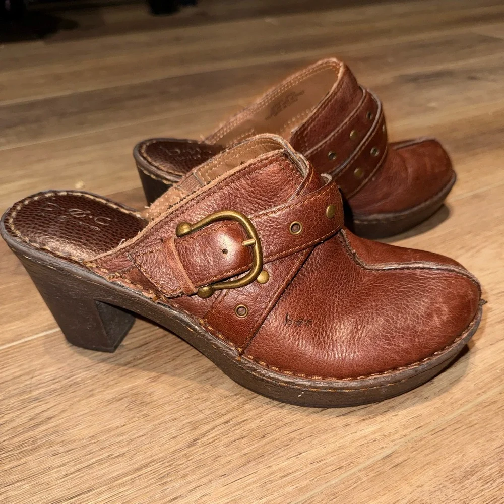 Born Brown Leather Clogs Size 10